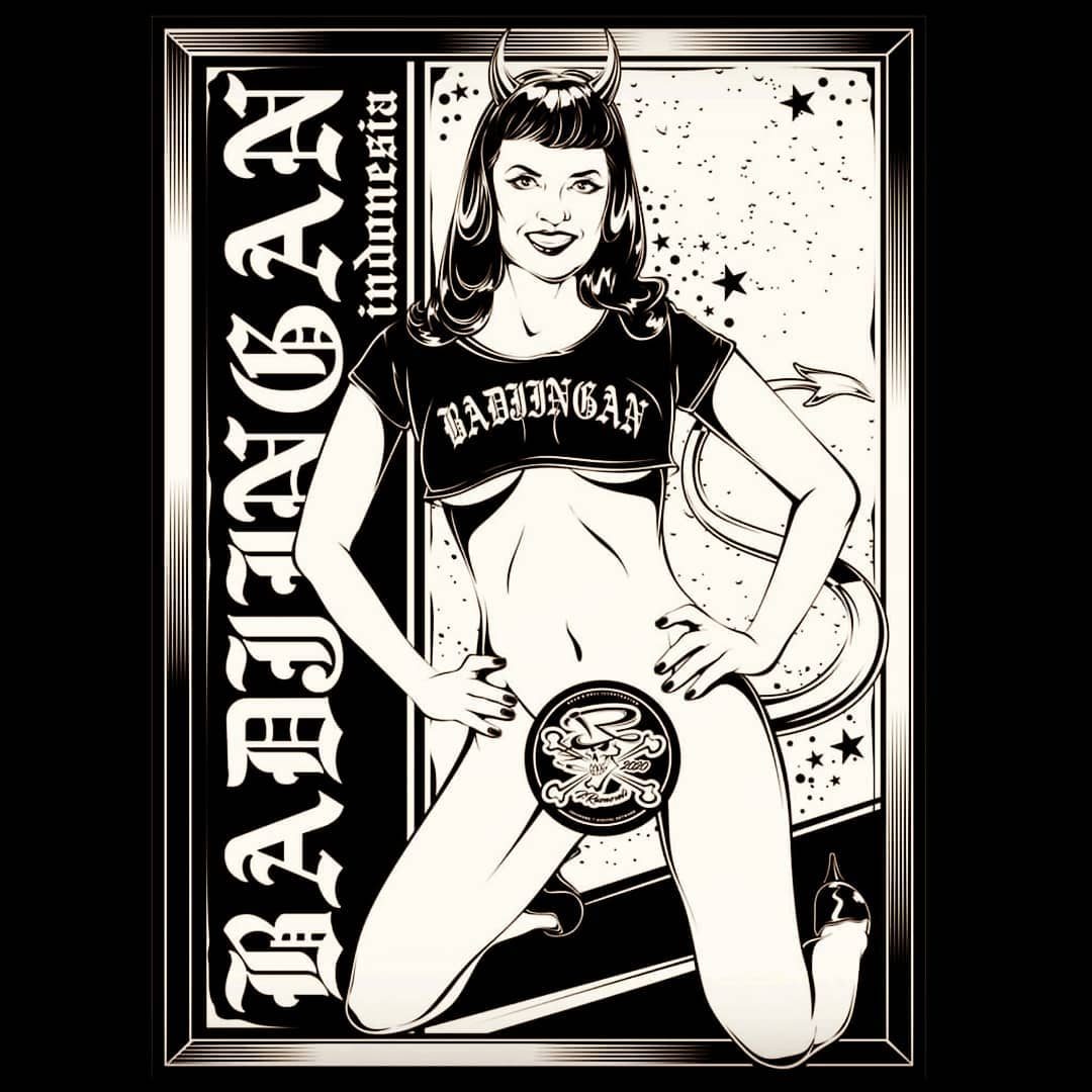 Ilustrasi monokrom pin-up devil bergaya vintage frame